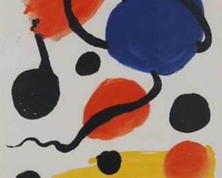 97	Alexander Calder Circles Color Lithograph	"Alexander Calder (1898-1976) Circles Color Lithograph, 1967, on Rivas BFK paper signed and numbered 87/130 in pencil with full margins, framed.  Frame is worn with scratches and nicks and dents.
Image 25 1/2 x 20"", Sheet 29"" x 21 1/2"", framed 37 1/4 x 30"""
