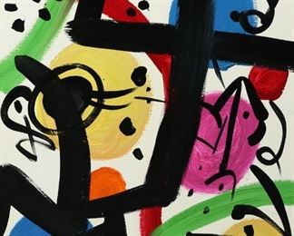 96	Peter Keil Acrylic on Canvas Style of Joan Miro	Peter Robert Keil (Germany, 1942-). Abstract acrylic on canvas in the style of Joan Miro. Signed lower left. With COA on verso. 19 7/8" x 16".
