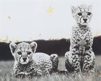 100	Peter Beard Cheetah Cubs, Digital Print Signed	"Peter Beard (1938-2020) Orphaned Cheetah Cubs at Feeding Time, Mweiga near Nyeri Kenya, 1968.  Digital Print a gift from the Artist.
Signed on outer edge ""Special Delivery to the amazing Jeanne @ Xmas 1999 (and New Year's 2000 ad) Lots Love, Peter Beard Driftwood Cove Box 603 Montauk.
Cheetah Cubs at Feeding Time in Mweiga Nr Nyeri, Kenya; March 1968 for the End of the Game (P.B.)""
Print"" 10.5""x14"", Framed 18.50""x 15.25""

Damage to top right corner of frame."	800
