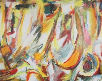 99	Hilda Epner Oil on Canvas Abstract	Hilda Epner (American, 1929). Oil on canvas, abstract. Signed lower right. 36" x 48" (with frame 37 1/2" x 49 1/2"). Foxing to verso.
