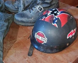 Harley Davidson Leather Boots Size 11, Helmet made in 1999, Taiwan.