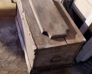 Wood Chest with faint Mushrooms on front panel, needs cleaning and bottom replaced/rebuilt