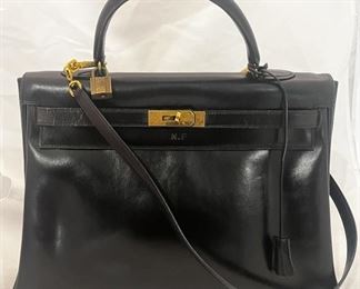 Hermes Paris Black Leather Kelly Handbag w/ Box
