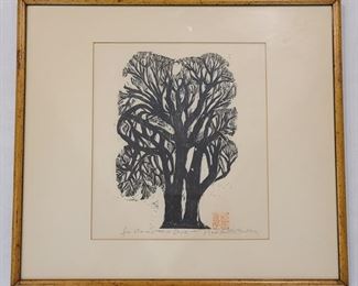 Tree Shaped Woodcut Naoko Matsubara w/ Red Stamp