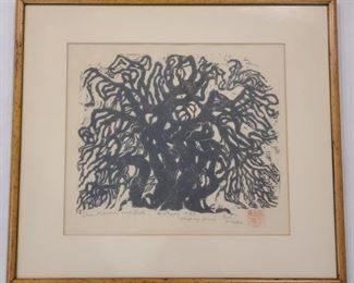 Weeping Birch Woodcut Naoko Matsubara w/ Red Stamp