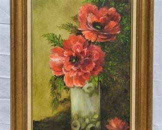 Large Vintage Flower Vase Still Life Oil on Canvas