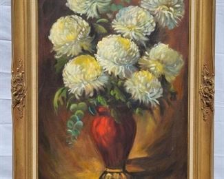 Large Vintage Flower Vase Still Life Oil on Canvas