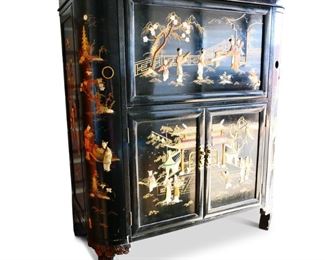 Vintage Asian Style Black Lacquered Bar/Cabinet
