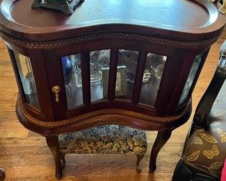 Antique kidney shaped curio end table with removable top.