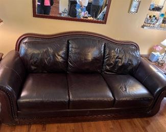 Leather & wood trim sofa