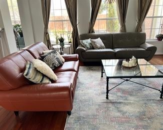 Cindy Crawford Home Midtown East Terracotta Leather Loveseat + Taupe Sofa (Family Room)