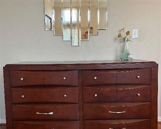 (1) 8-Drawer Espresso Ireland Dresser | (1) Vintage Art Deco Revival Beveled 7-Step Panel Mirror