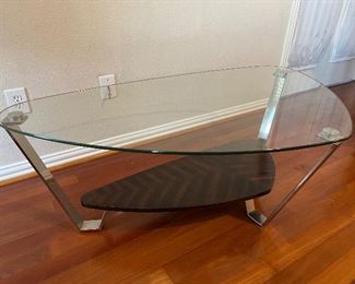 (1) BDI Dino 1344 Asymmetrical Modern Glass Coffee Table - Espresso Stained Oak | (2) Raymour & Flanigan Allure Round Glass End Tables - Walnut Wood w/ Cherry Finish | Can be sold as a set OR individually