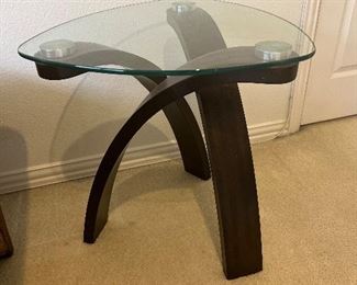 2) Raymour & Flanigan Allure Round Glass End Tables - Walnut Wood w/ Cherry Finish | Can be sold as a set along w/ BDI Dino 1344 Asymmetrical Modern Glass Coffee Table OR individually