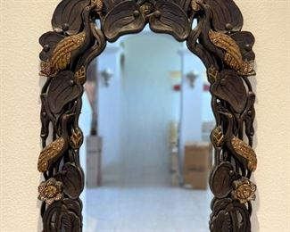 (1) Ornate Bronzed and Wood Mirror w/ Peacocks and Floral Design - Southeast Asia