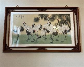 (1) 10-Cranes Watercolor Painting w/ Exquisite Hand-carved Cherry Espresso Wooden Frame 