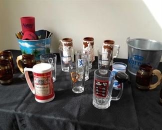 Beer Glasses Mugs and Steins Plus Two Beer Bottle Buckets