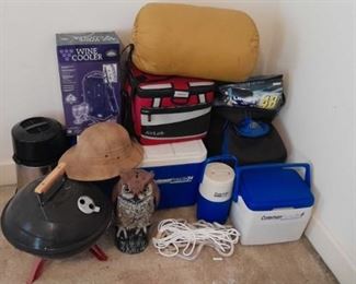 Camping Variety Lot of Coolers, Grills, Owl Decoys, Rope, and More
