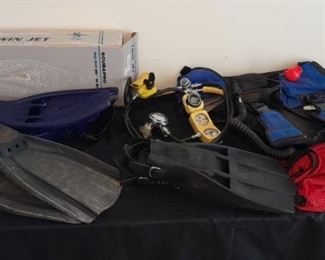 Diving Equipment Lot Fins, Gauges, Vest, and Bag
