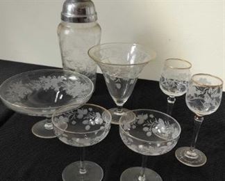 Etched Stemware Glasses and Cocktail Shaker Plus Nut Bowl