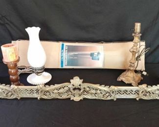 Fireplace Mantle Mix Lot Gourd, Lamps, Candle, and Toolset