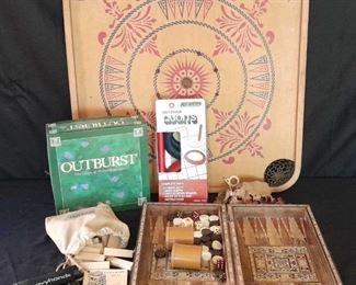 Retro Vintage Game Lot with Backgammon, Outburst, Ta Ka Radi, Quoits, and Carrom
