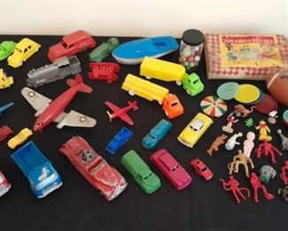 Vintage Toy Lot Marbles, Metal Plastic Planes, Trucks, Cars  Trains, Figures, and a Tea Set