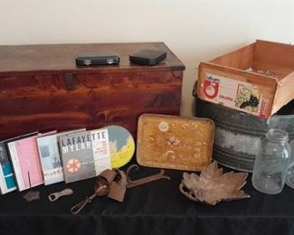 Vintage Variety Mix Lot Wooden Chest, Galvanized Tub, Crate, Trays, Jars, and More