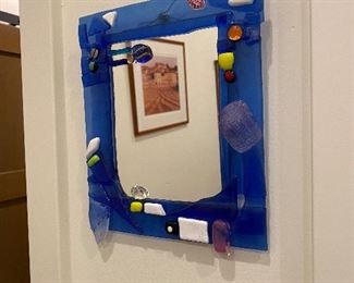 Blue fused glass mirror
