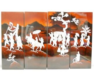 Lacquered Wood w/Mother of Pearl Inlay Four Panel Wall Art

