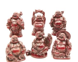 Red Resin Laughing Buddha Figurines (Set of 6)
