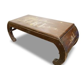 Unique Tea Table w/Curved Legs and Metal Inlay
