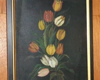Antique Pennsylvania still life “tulips”, on tin