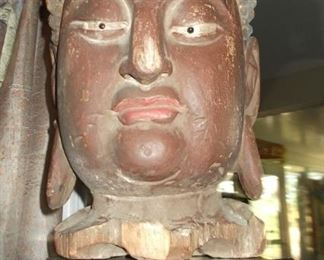 Large Carved Wood Kwan-Yin Head, Antique Solid Wood Pedestal Stand