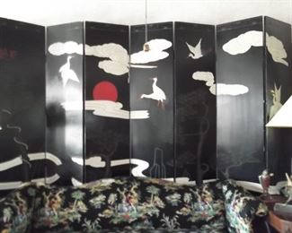 Vintage Oriental Asian Eight Panel Screen Room Divider Black Lacquered with White Clouds & Cranes