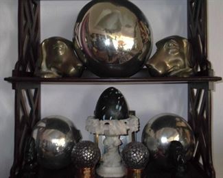 Brass Dog Bookends, 1950's Mercury Glass Gazing Ball Spheres, Made in Mexico, Alabaster Candle Stand, Kosta Boda Glass Egg 