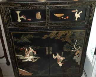 Oriental Black Lacquered Inlay Cabinet
