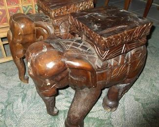 3 Vintage Hand Carved Wood Elephant Stools, Plant Stand, Side Table  