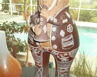 Large Vintage Figural Peru Terra Cotta Clay Pottery Vase, Man with Flute