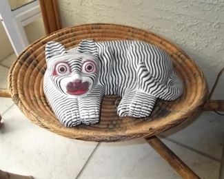 Hand Carved & Painted Wood Cat from Indonesia in Weaved Basket