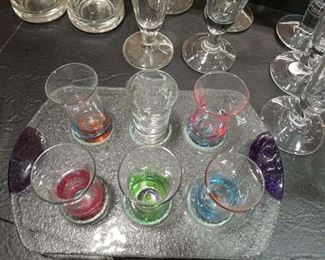 Colored Bottoms Up Shot Glasses w/Glass Tray