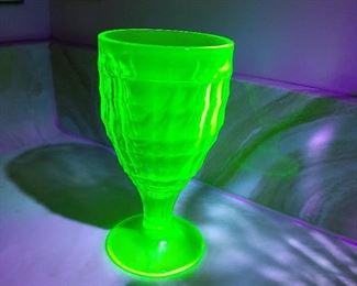 Hazel Atlas Colonial Block Emerald Green Uranium Water Goblet. We have a set of 7.