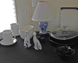 Dish Set, Lamps, Cat Figures, Black Covered Dishes