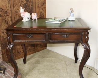 Beautiful Wood Vintage Desk with Leather Top Carvings