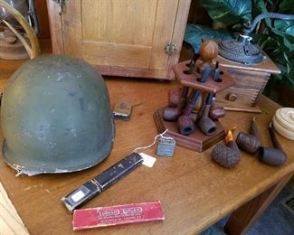 Strait razors, WWII M1 helmet and assortment of pipes