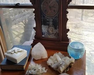 Antique oak table, gingerbread shelf/mantel clock, and assorted minerals