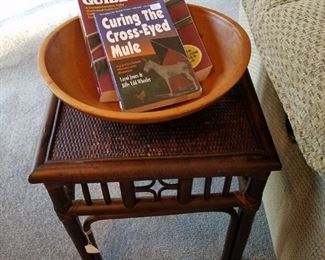 Vintage wooden bowl and wicker accent table