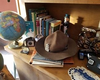 Desktop globe, vintage boy scout leader hat, and more