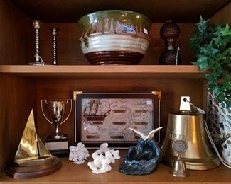 Ship with brass sails, solid (and heavy) brass bell, and beautiful pottery piece