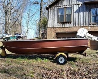DuraCraft aluminum runabout with trailer and Johnson 'Super Seahorse 35" outboard.  Probably late 1950s.  The hull appears to be sound but the outboard likely hasn't been started in decades.